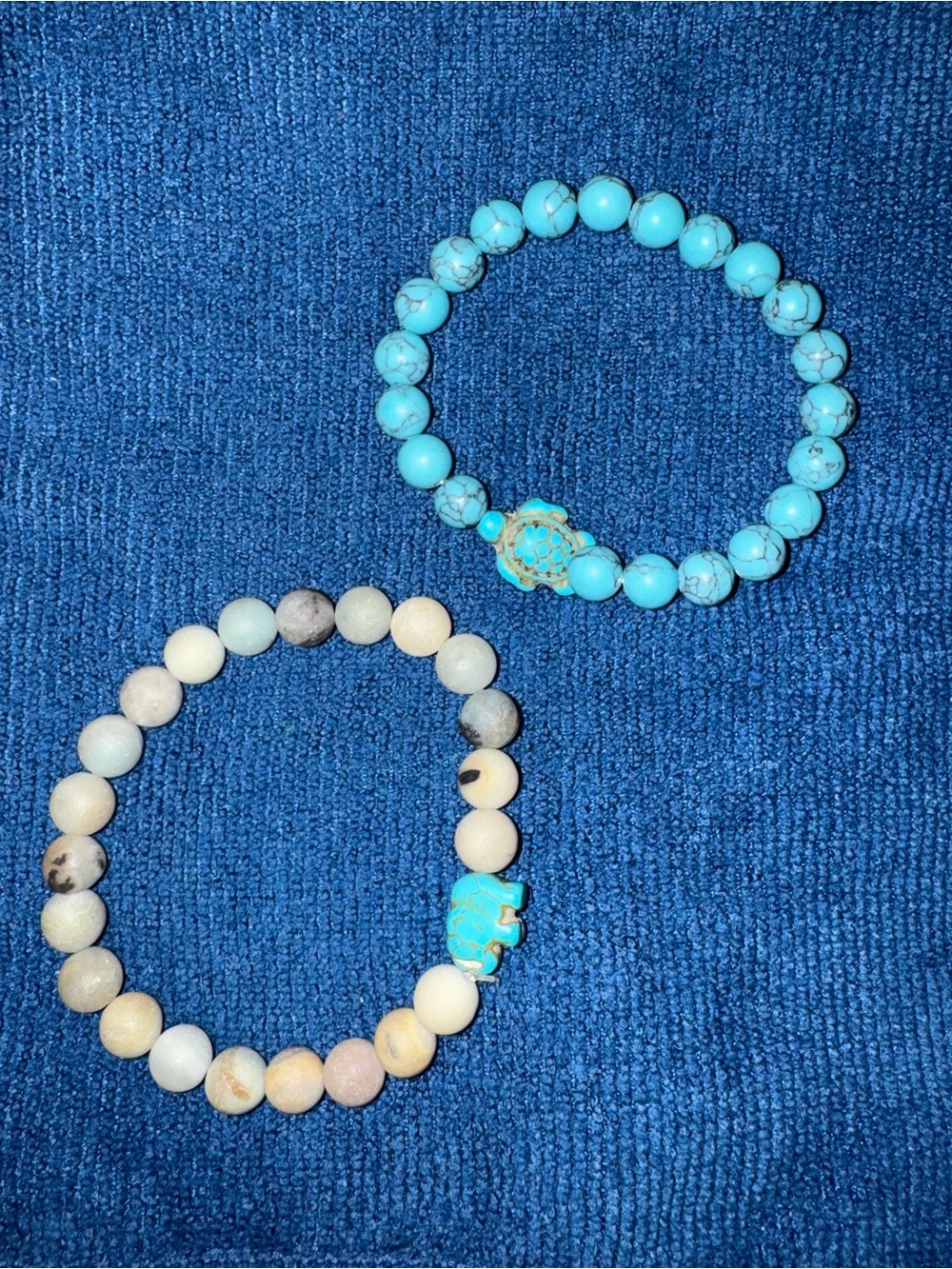 Turquoise and Neutral Beaded Stretch Bracelets with Elephant & Turtle Accent